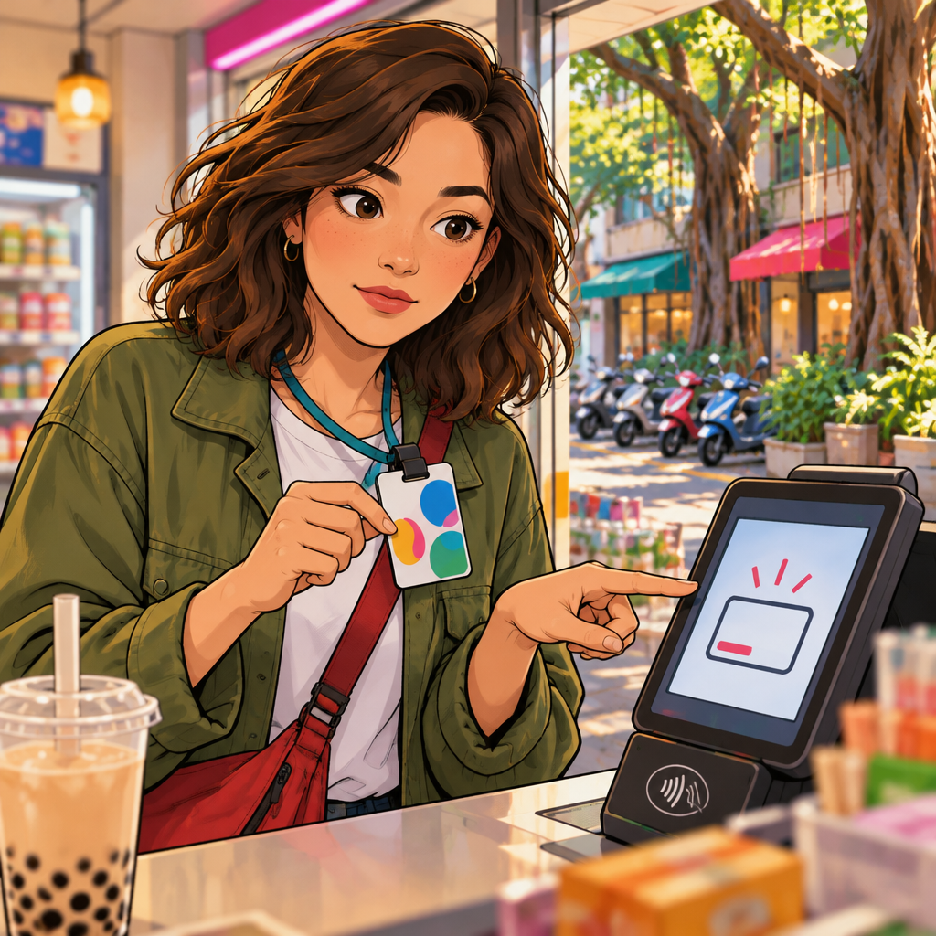 Maya points out the insufficient balance displayed as a simple, nonverbal indicator on the payment terminal.