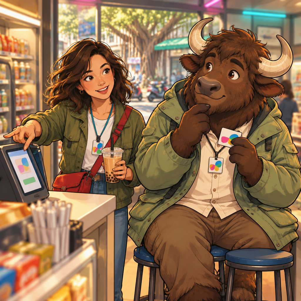 Maya gestures toward the convenience-store payment counter to explain that transit cards can be topped up there.