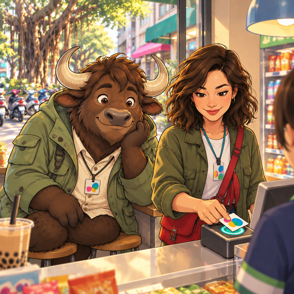 Maya demonstrates how Ali should tap his transit card on the payment terminal.