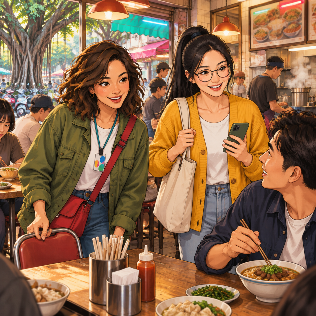 Maya and Yi-Jun find an open place at a crowded shared table beside a stranger in a small Banyan Lane eatery.