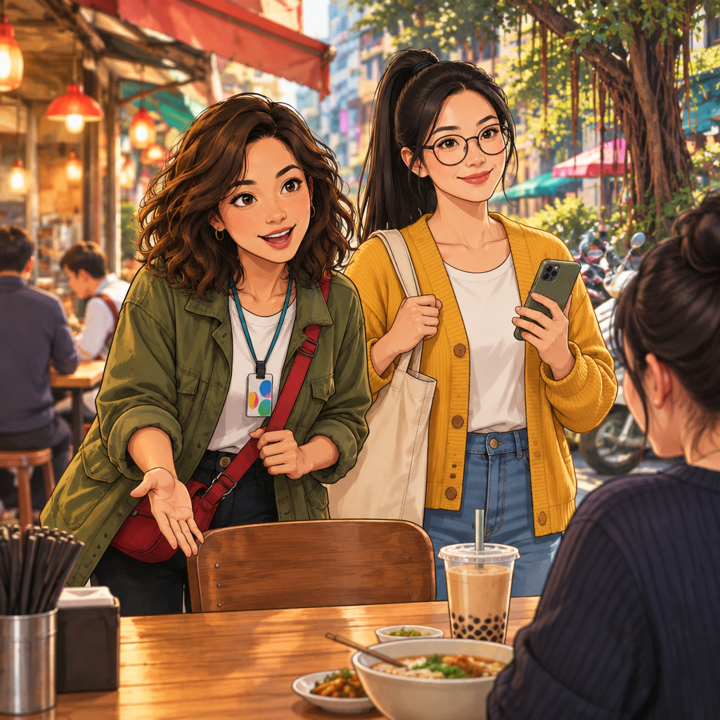 Maya politely asks about the open seat while the stranger sits beside it and Yi-Jun waits nearby.