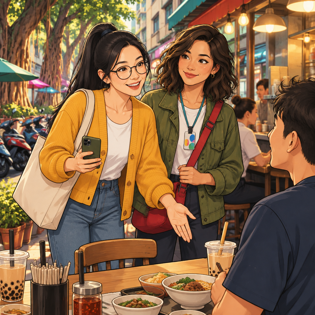 Yi-Jun asks to share the table as he gestures toward the open place and Maya waits beside him.