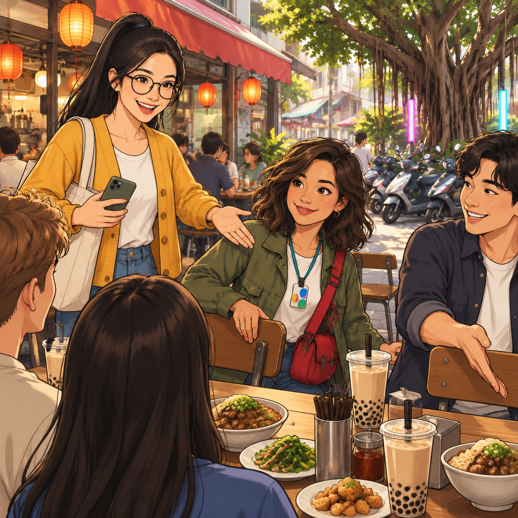 Yi-Jun welcomes the newly gathered group while Maya and the stranger make room at the shared table.