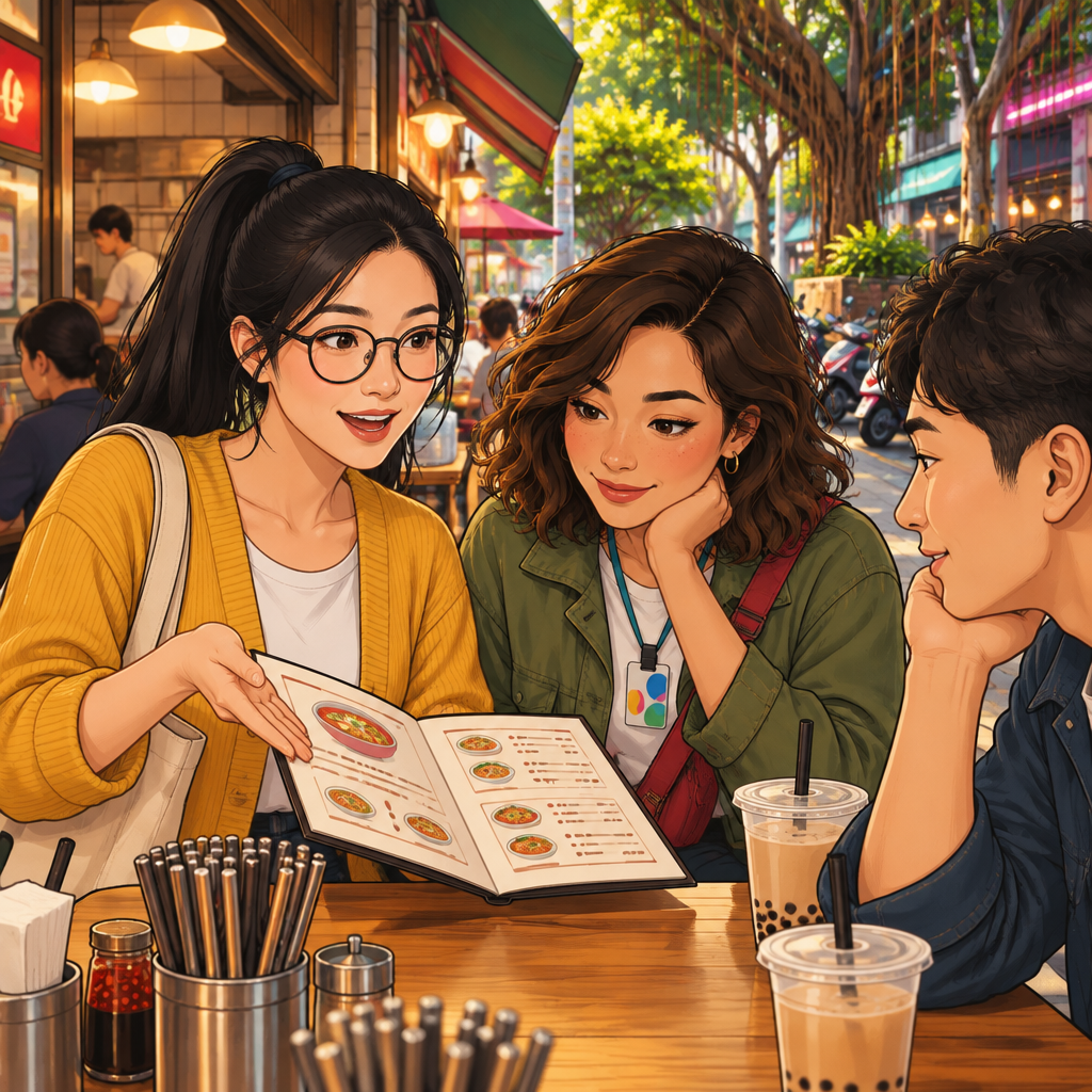 Yi-Jun suggests looking at the menu first as he studies its blurred shapes at the shared table.