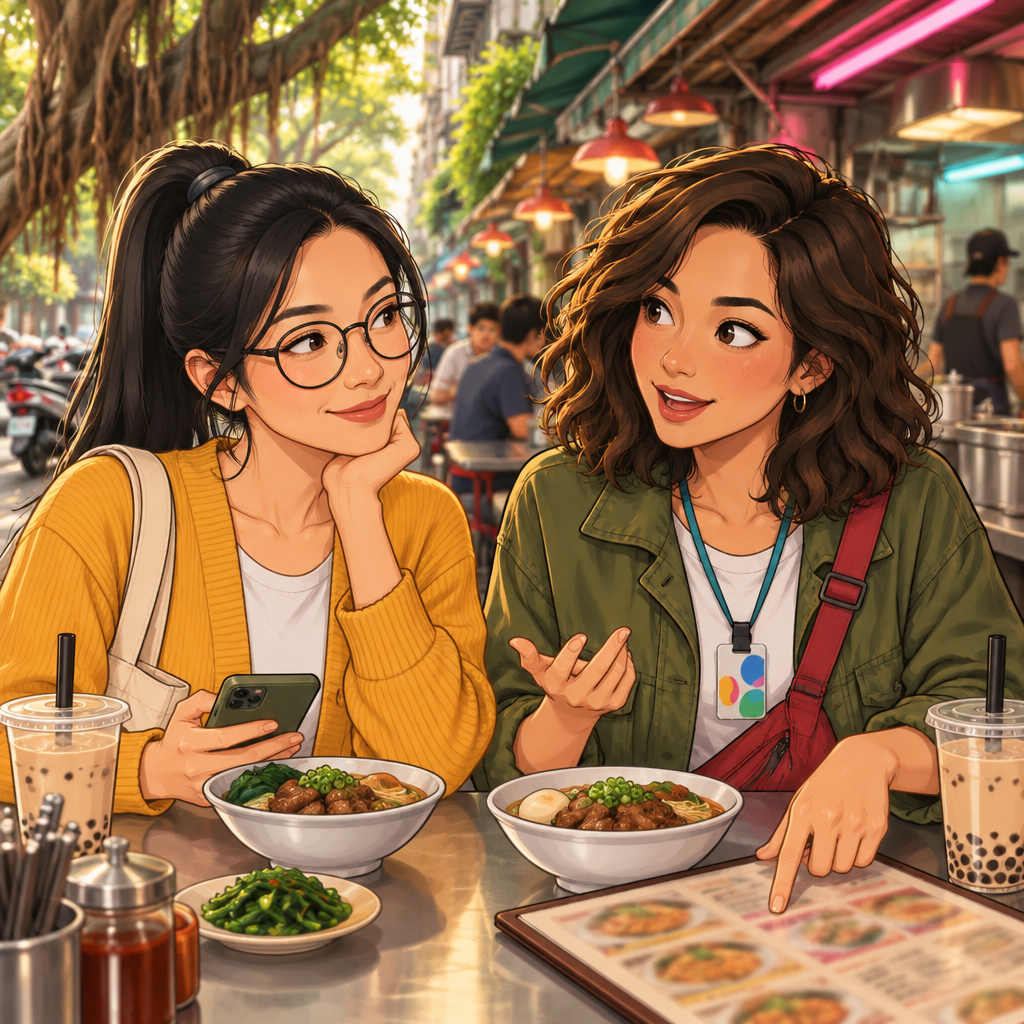 Maya asks the stranger about the shop’s specialty while indicating the blurred menu.