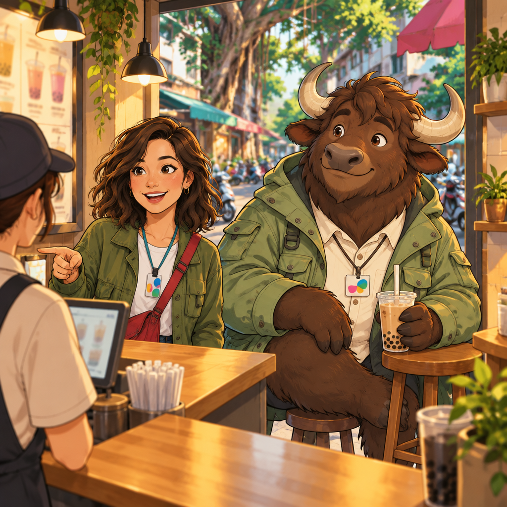 Maya and A-Li order bubble tea at a drink shop near Banyan Lane while the clerk invites them to choose sweetness and ice.