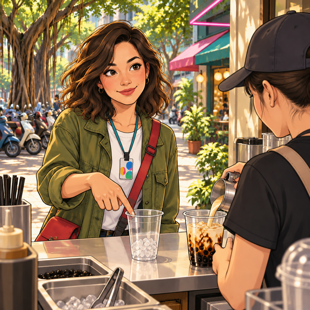 Maya promptly indicates that she wants less ice in her bubble tea.
