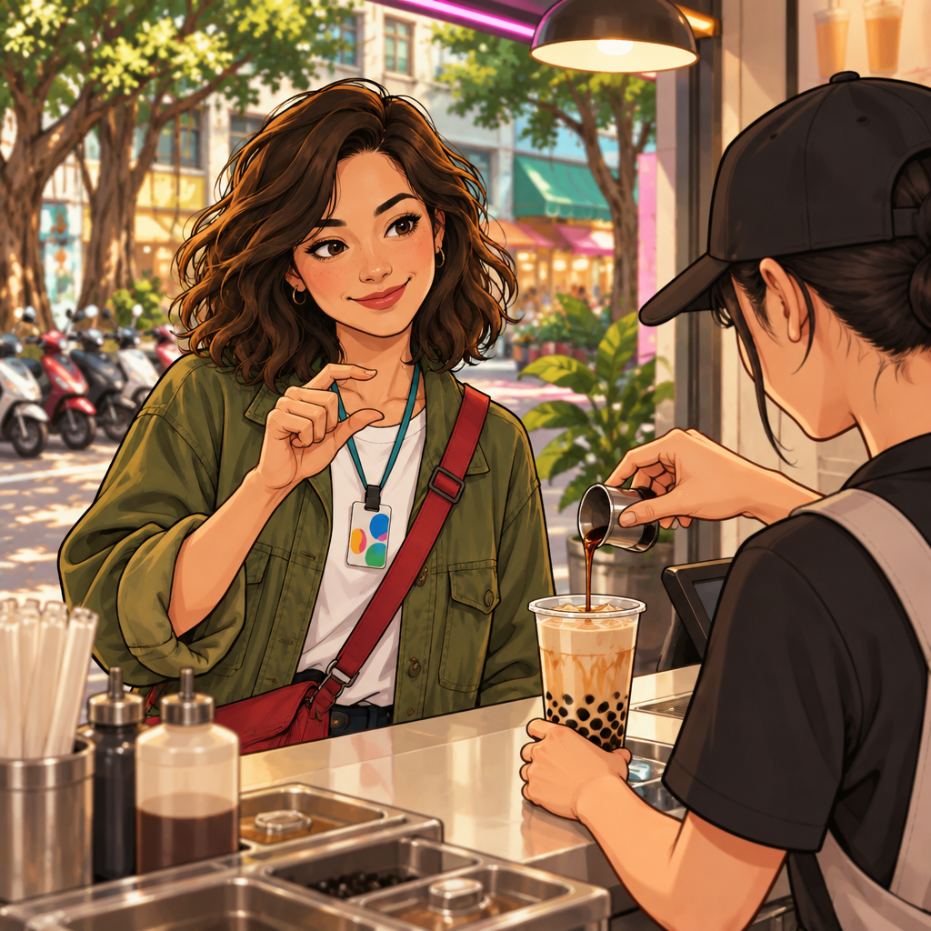 Maya indicates that she wants just a little sweetness in her drink.