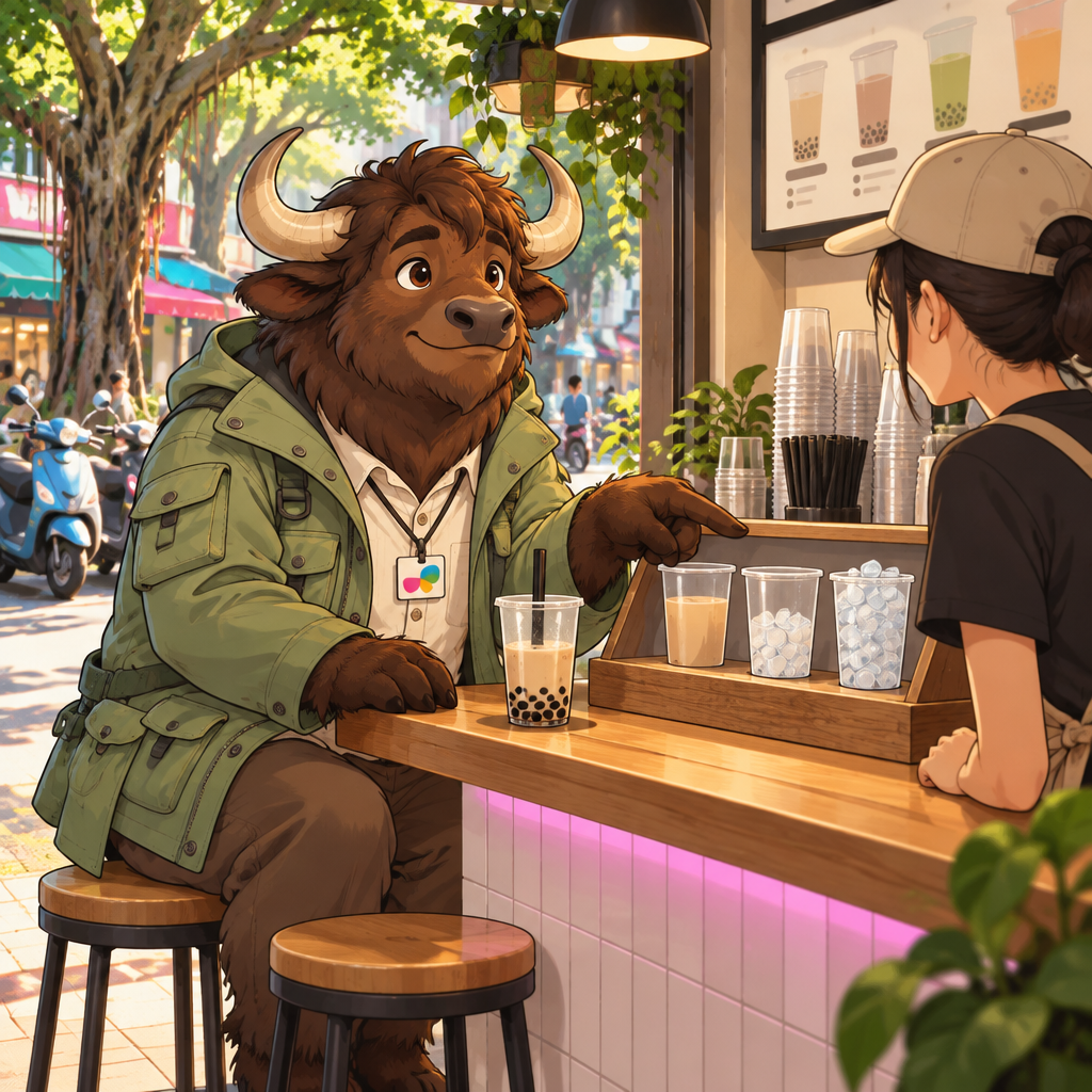 A-Li indicates that he wants regular ice in his unfinished bubble tea.