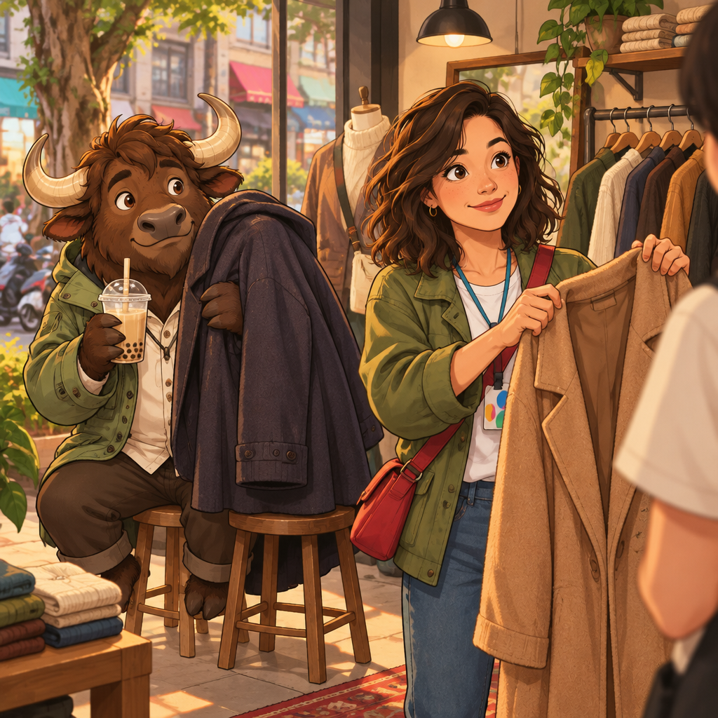 Maya holds up a coat to ask if she can try it on while Ali watches from beside the rack.