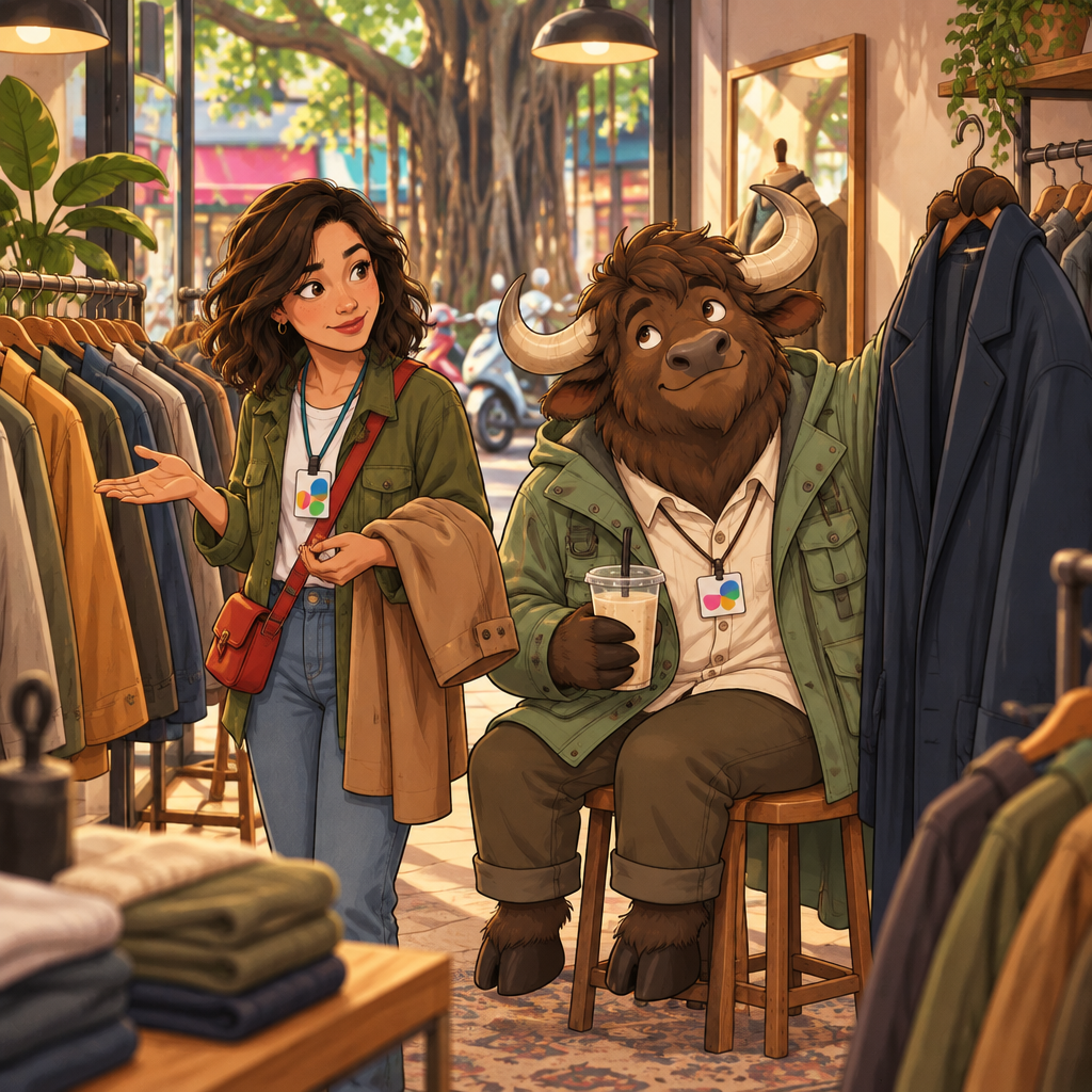 Maya checks a coat sleeve and gestures toward the rack to ask about other sizes.