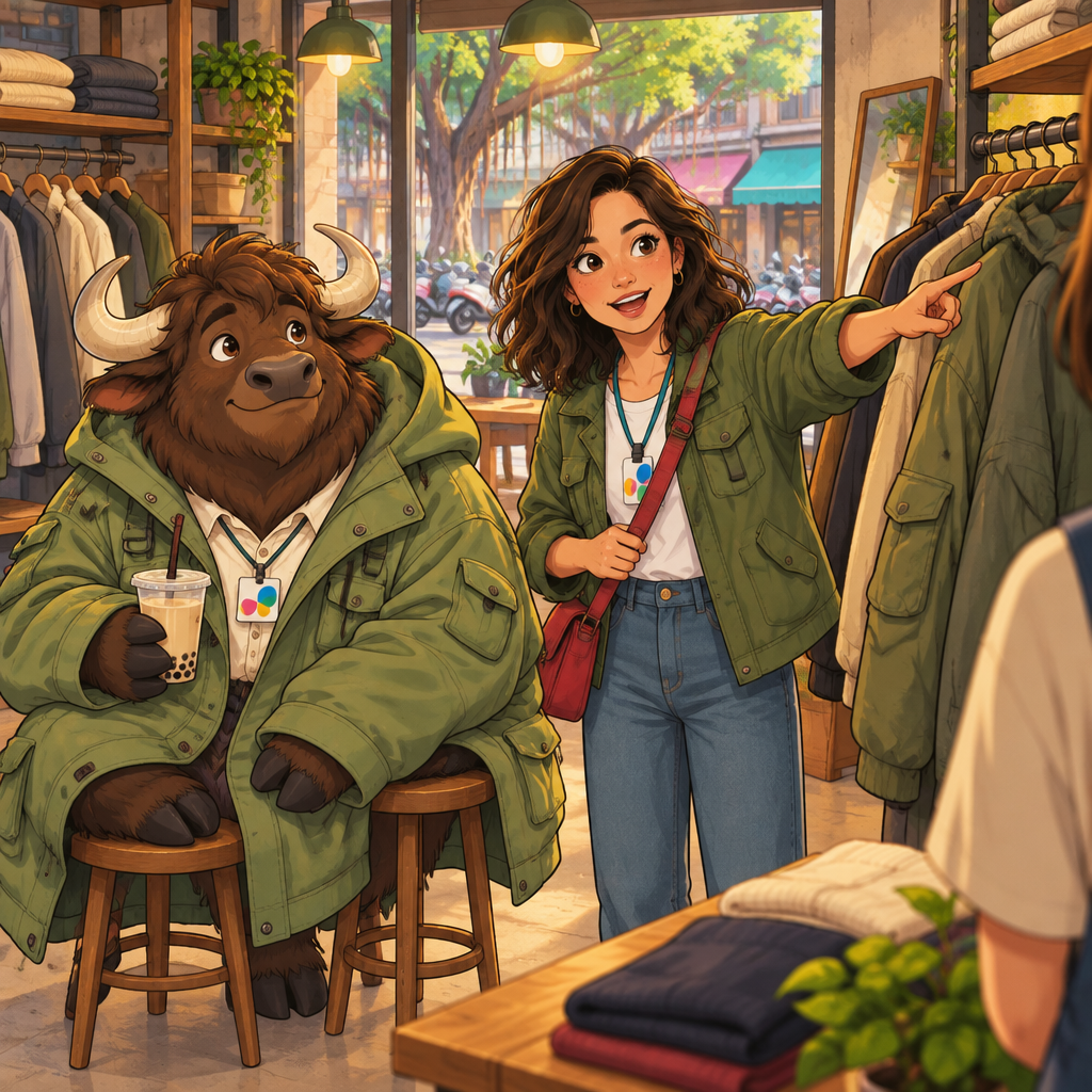 Maya points to a larger coat on the rack while Ali examines an enormous one.