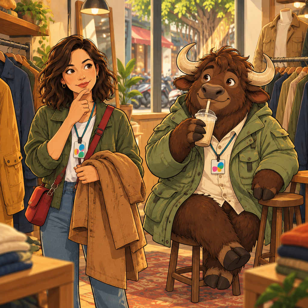 Maya pauses to consider a coat draped over her arm while Ali sips his soy milk.