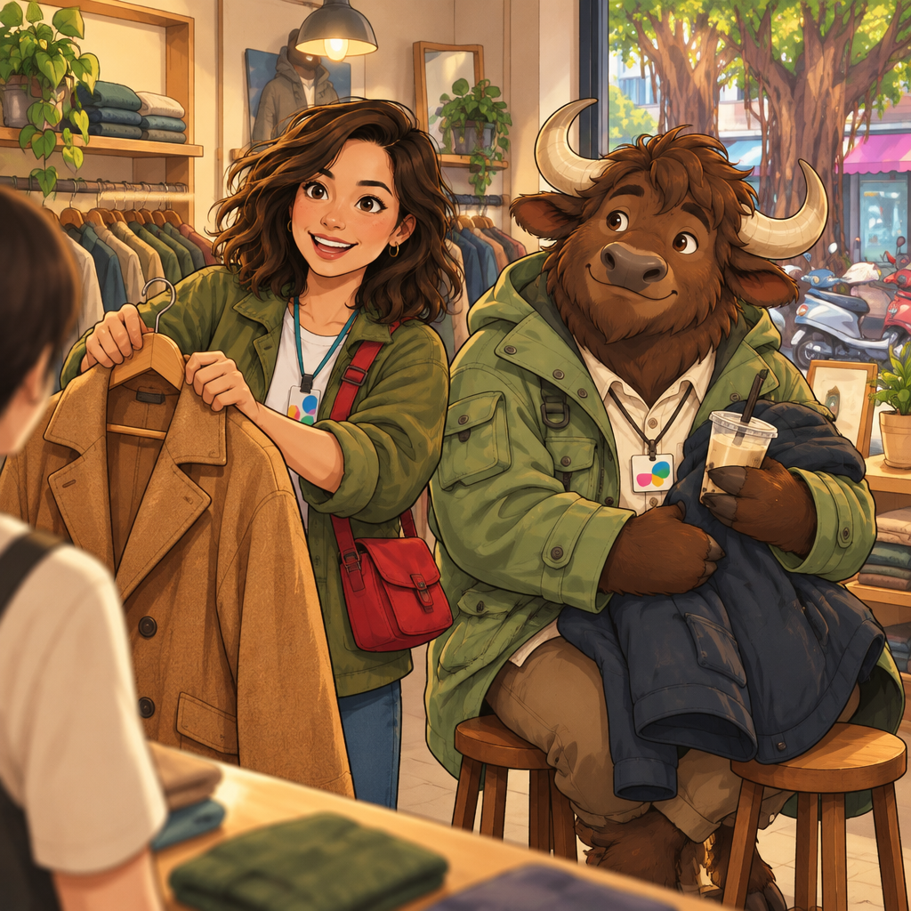 Maya confidently presents her chosen coat to the shop attendant while Ali looks on.