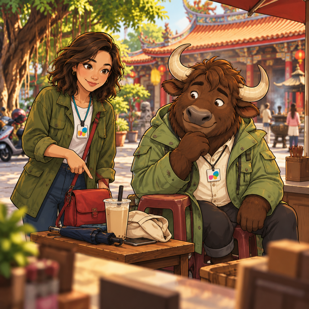 Maya gestures toward her belongings as she asks A-Li to watch them for a moment.
