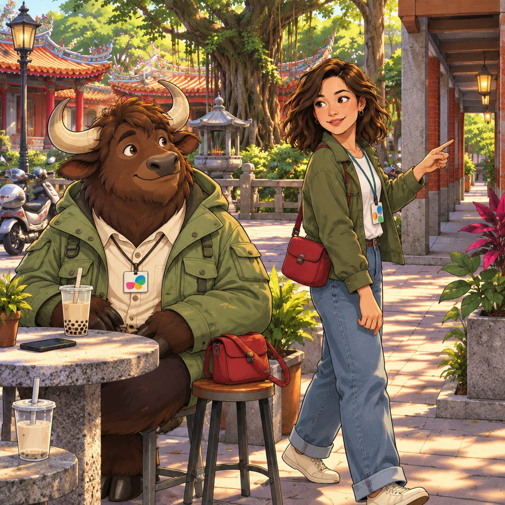 Maya gestures toward a nearby restroom corridor while A-Li stays with the belongings.
