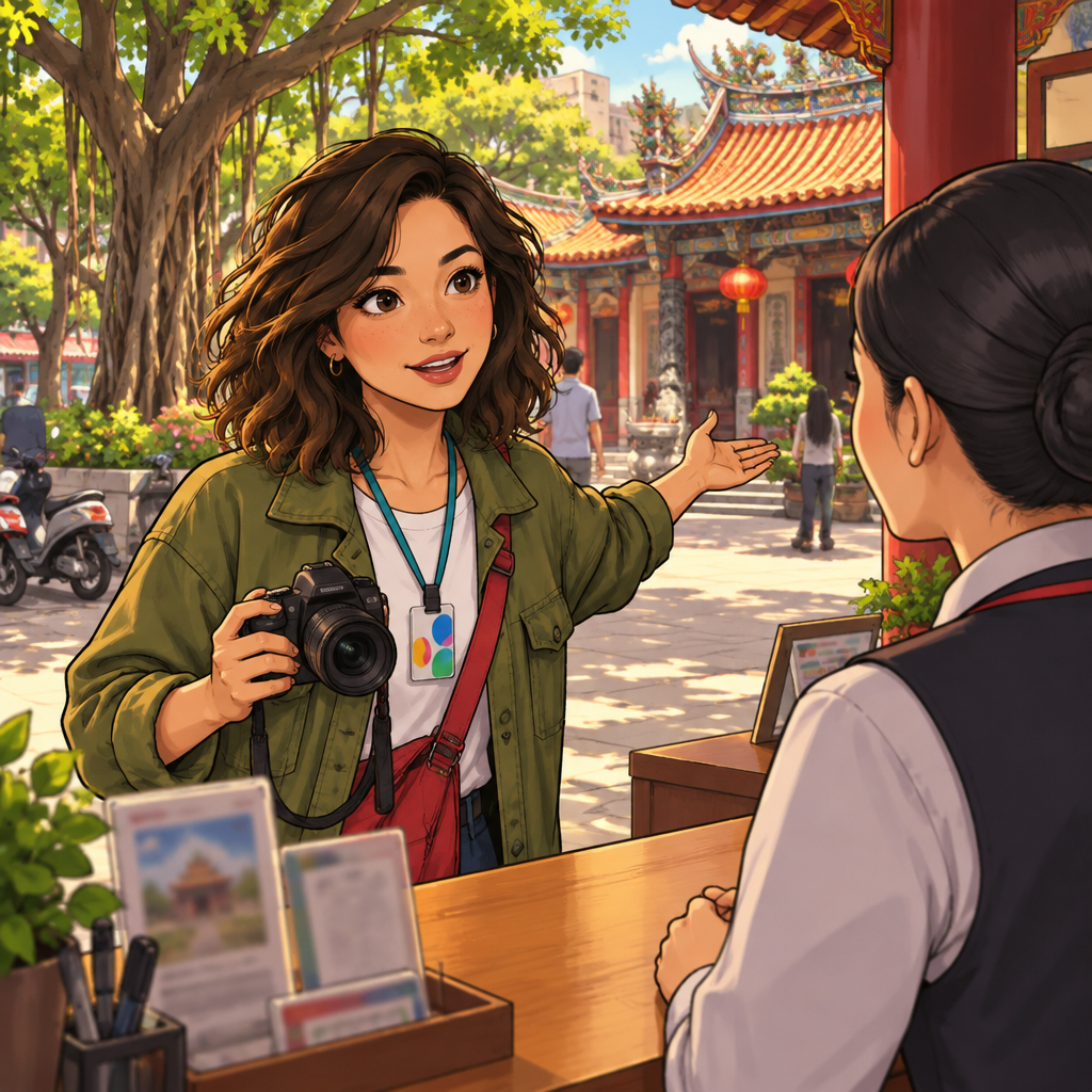 Maya asks the visitor-desk attendant whether photography is allowed inside the temple.