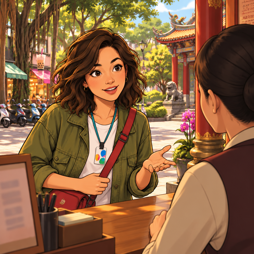 Maya asks the visitor-desk attendant whether a reservation is needed for the short temple tour.