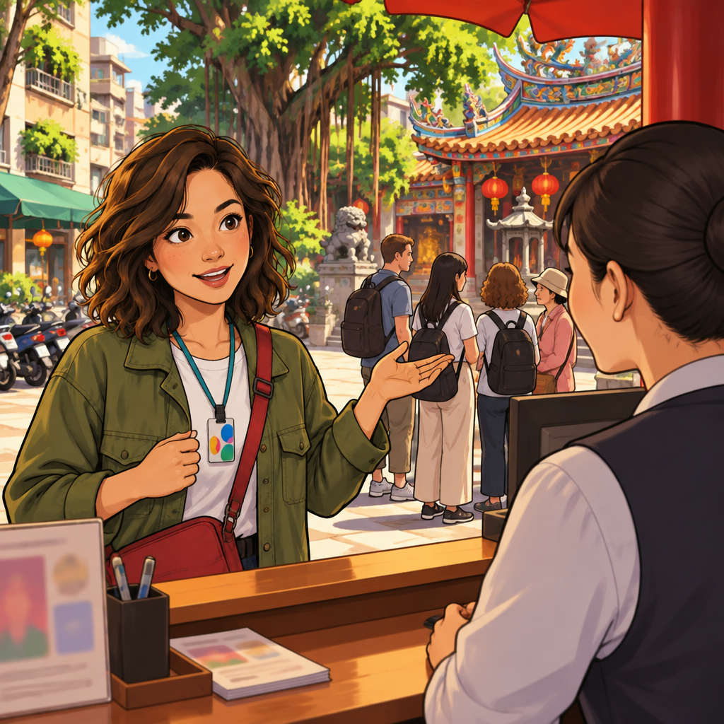 Maya asks the visitor-desk attendant how long the on-site wait will be.