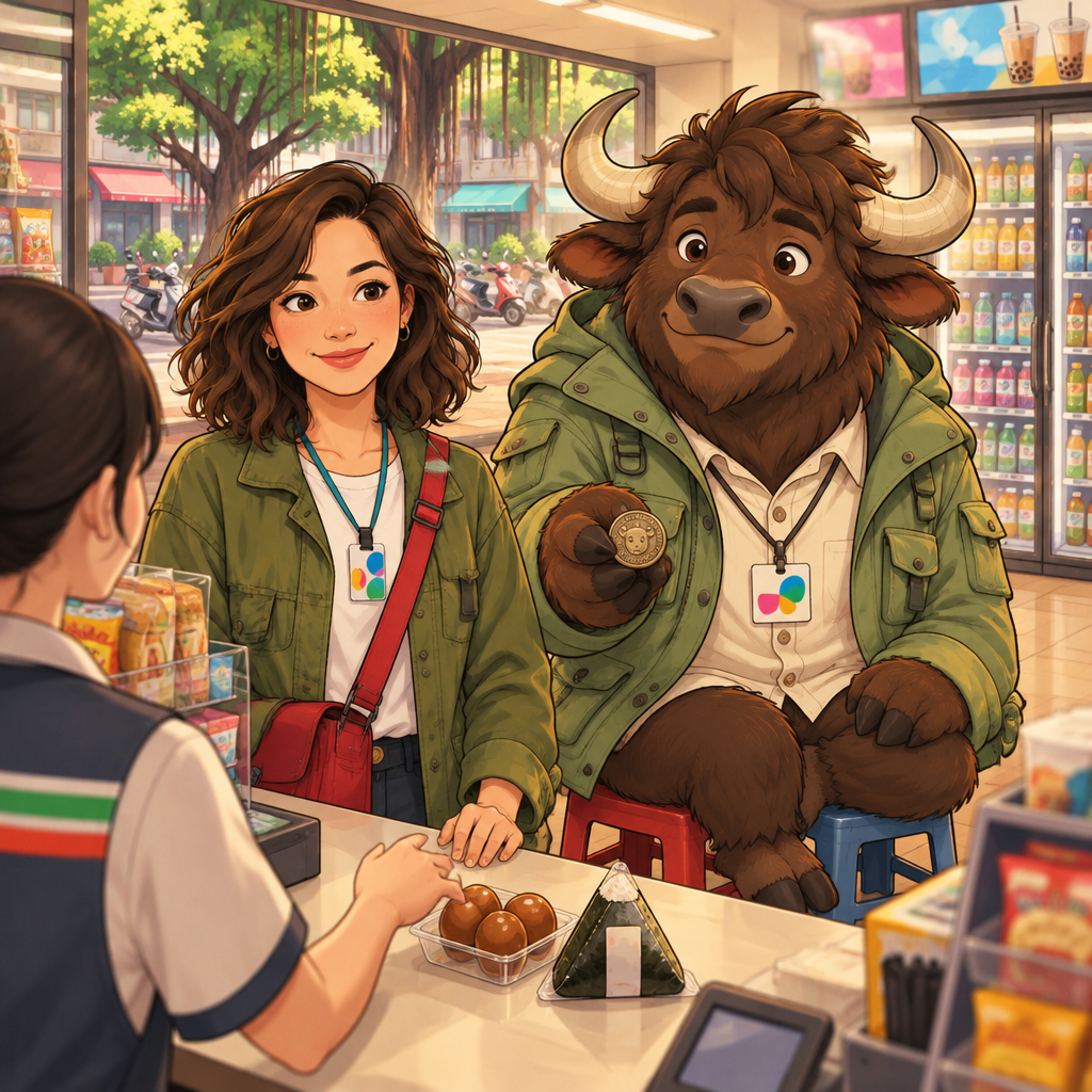 Maya buys tea eggs and a rice ball while Ali waits beside her and offers the clerk an unfamiliar coin.