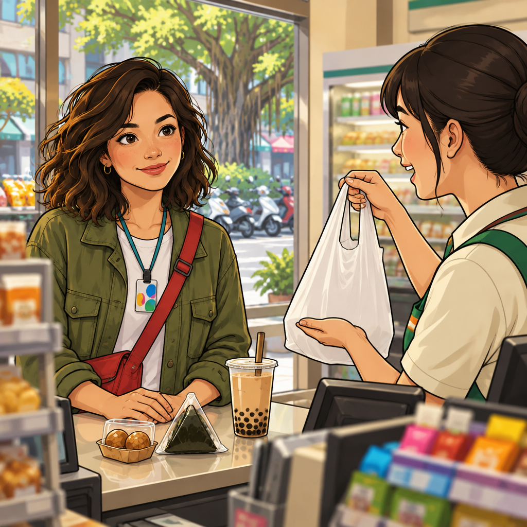 The clerk asks Maya whether she needs a bag, gesturing toward an empty shopping bag.