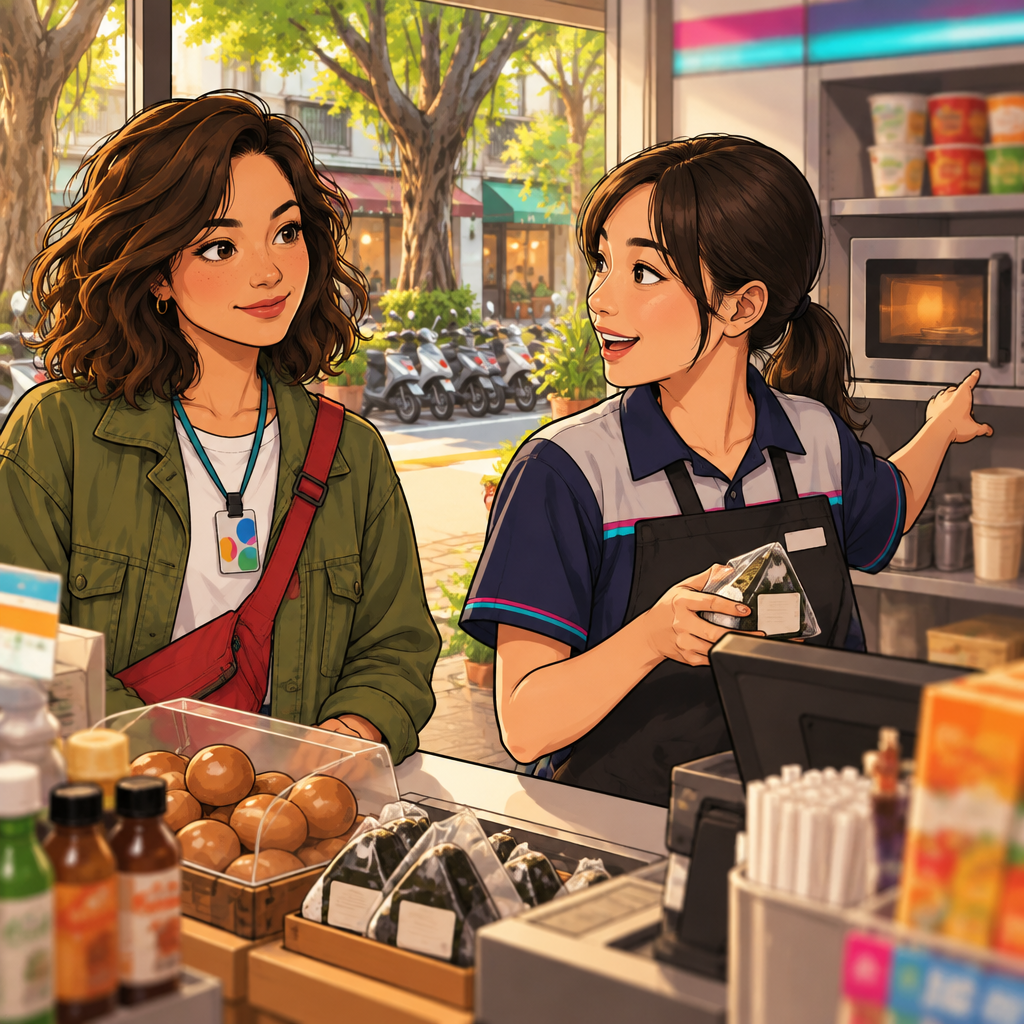 The clerk asks Maya whether she wants the food heated, indicating the microwave behind the counter.