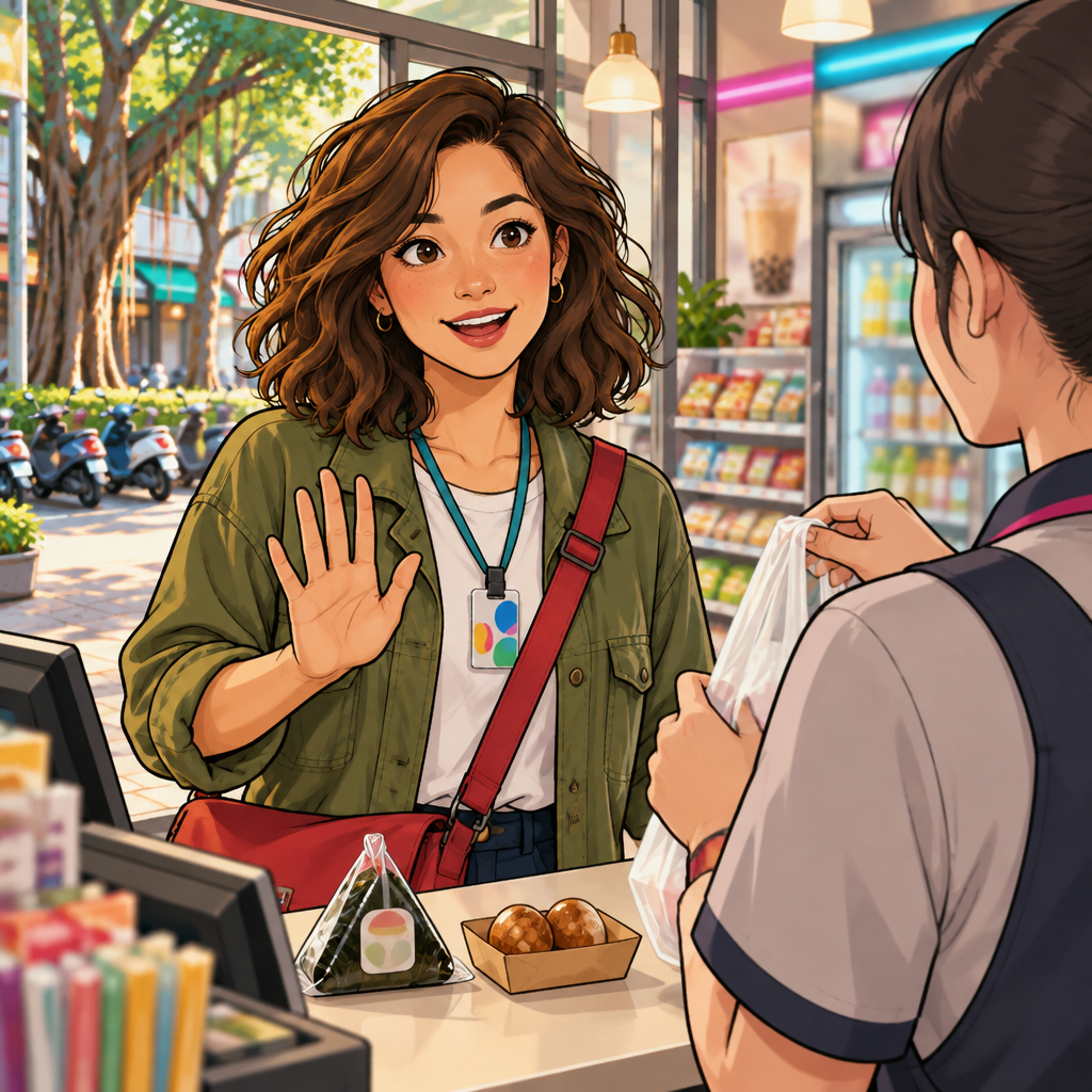 Maya declines a bag with a gentle open-palm gesture while the clerk listens.