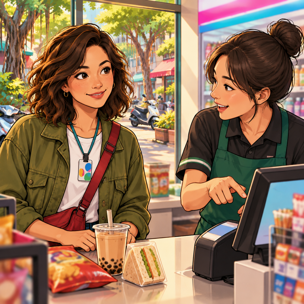The clerk asks Maya whether she wants to collect points, gesturing toward the checkout terminal.