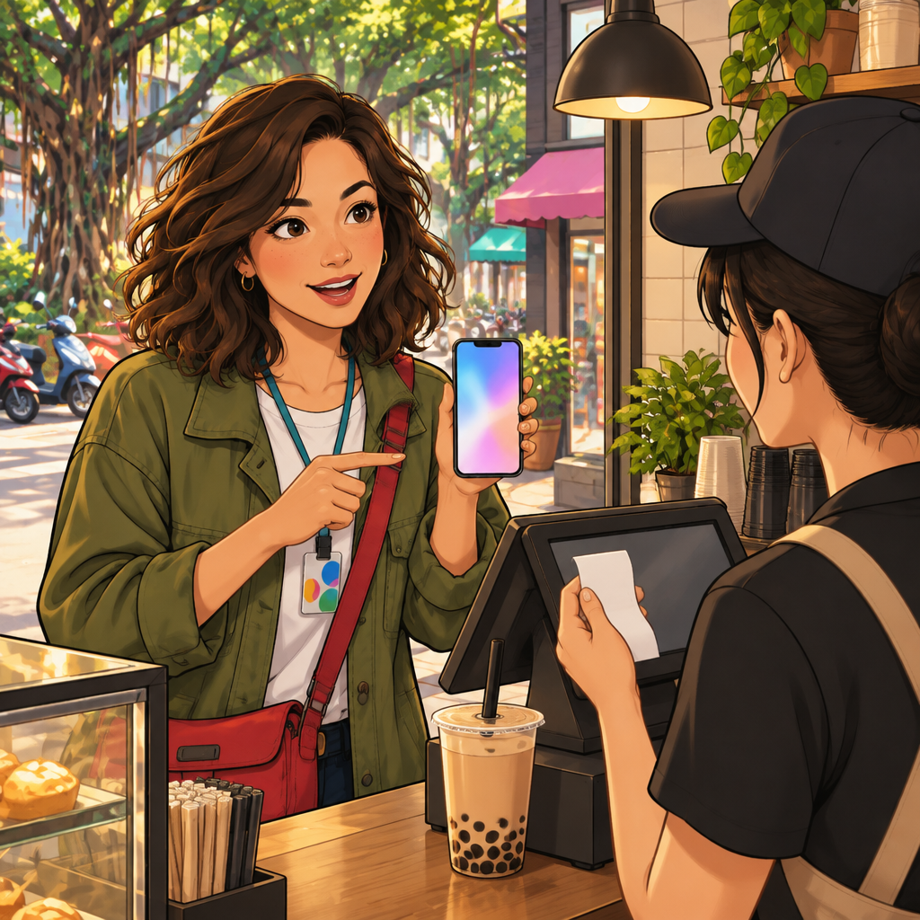 Maya asks the clerk to put the receipt in her e-invoice account while holding up her phone.