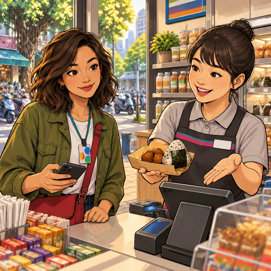 The clerk tells Maya the total while presenting the finished groceries at the counter.