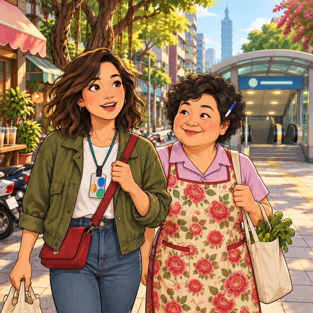Maya walks with Auntie Lin from Banyan Lane toward the nearby MRT entrance.