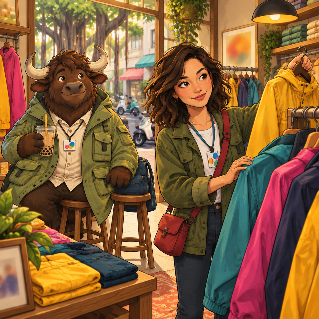 Maya browses colorful raincoats in a small Banyan Lane clothing shop while Ali waits nearby with an unfinished drink.