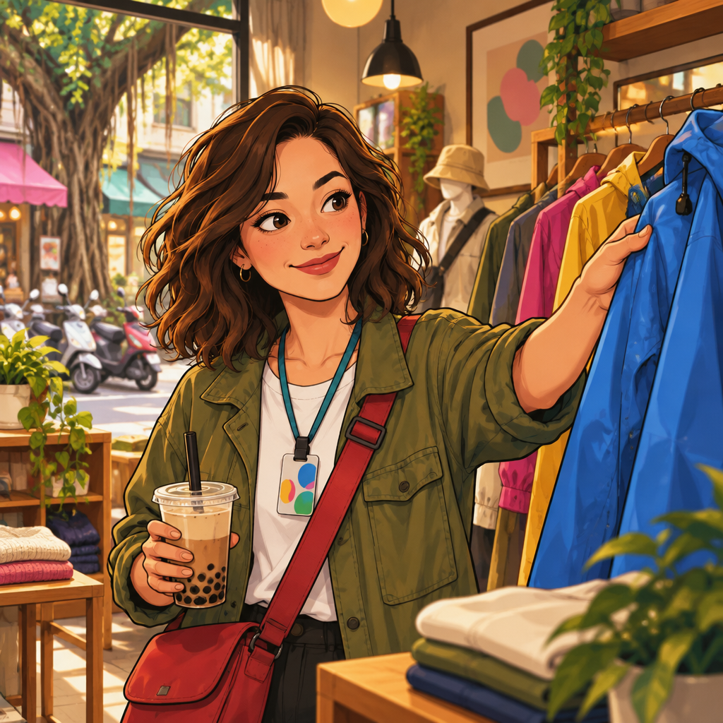 Maya points to a blue raincoat she hopes to choose.