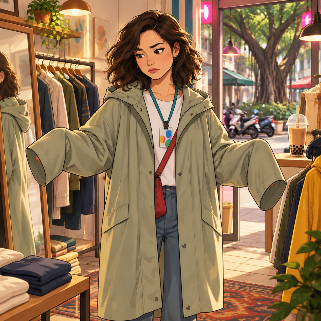 Maya tries on a raincoat that hangs far too large on her.