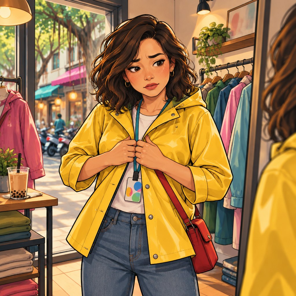 Maya tries on a raincoat that is visibly too small for her.