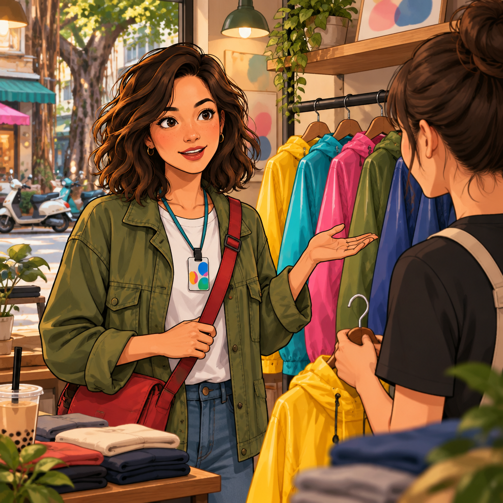 Maya asks the shop clerk whether there are other colors available.