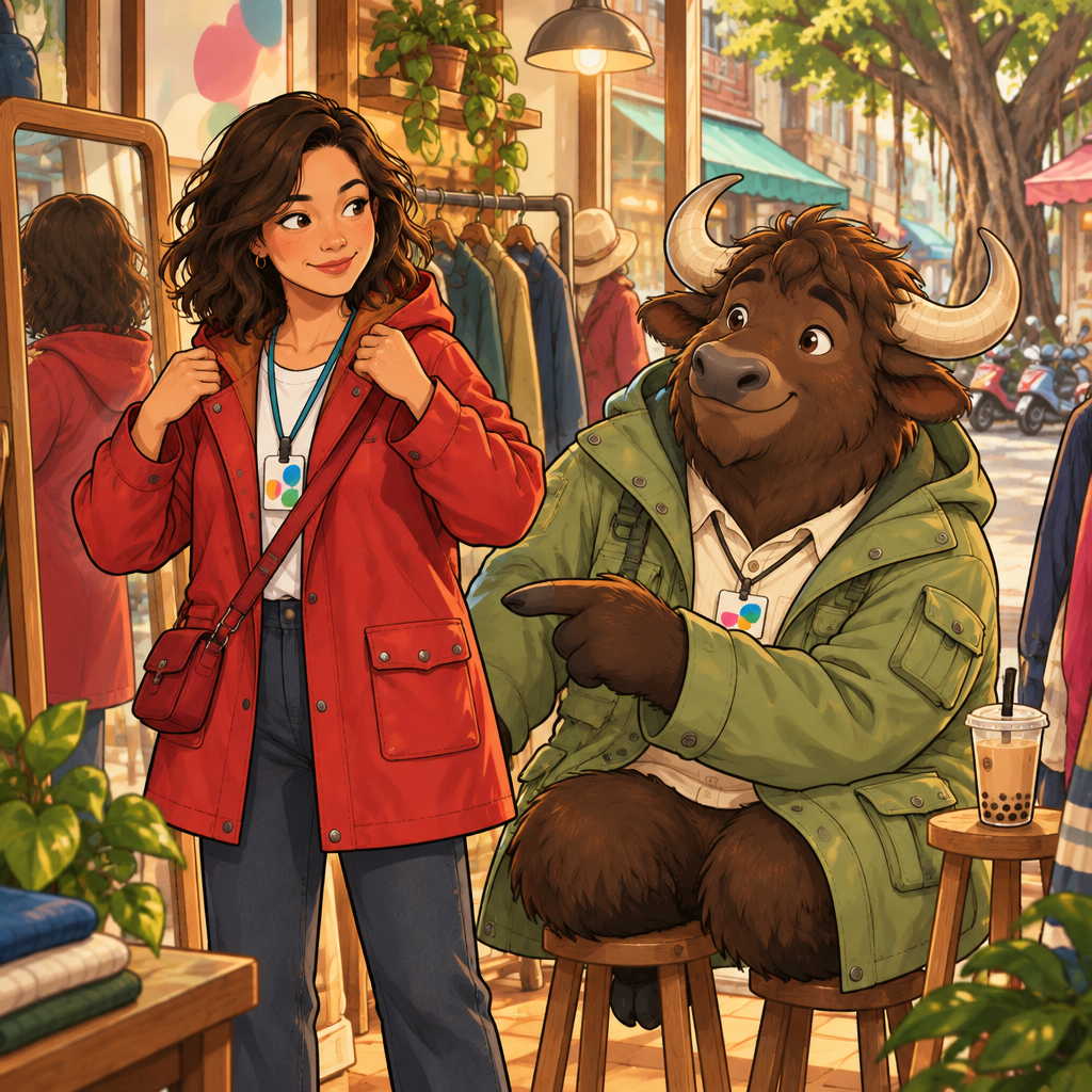 Maya wears a red raincoat that fits just right while Ali points to its pockets, which match his own coat.