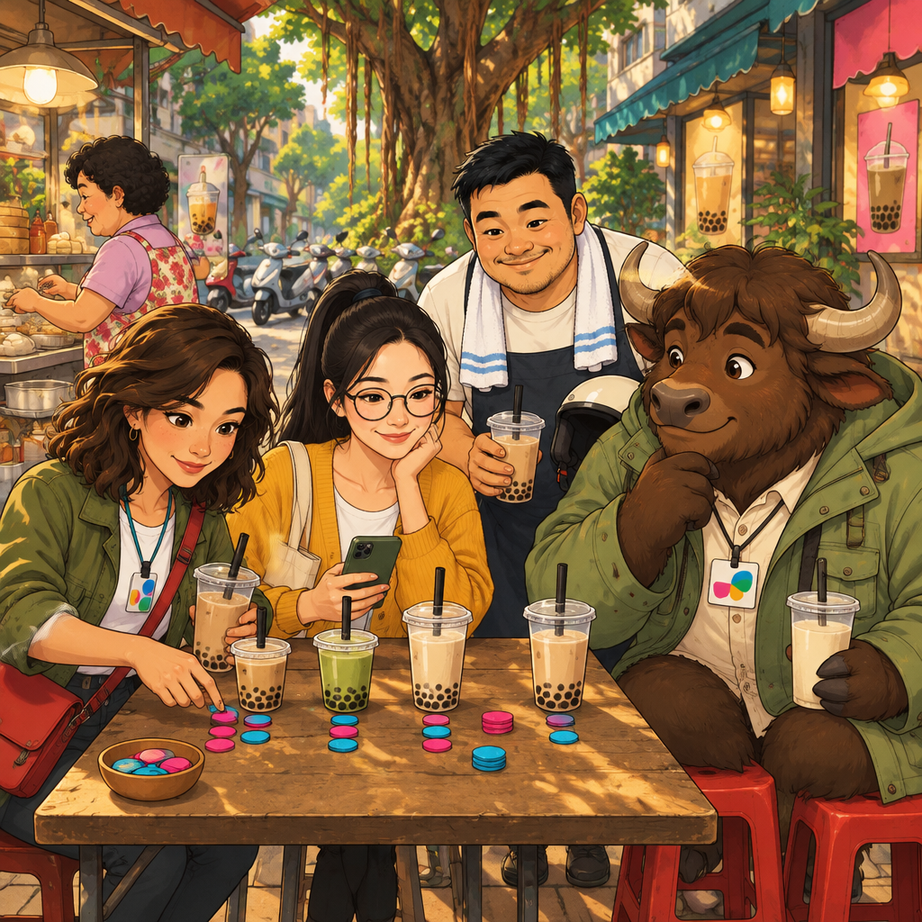 Maya, Yi-Jun, and A-Jie compare bubble tea from nearby shops while Auntie Lin tends her tray without joining their vote.