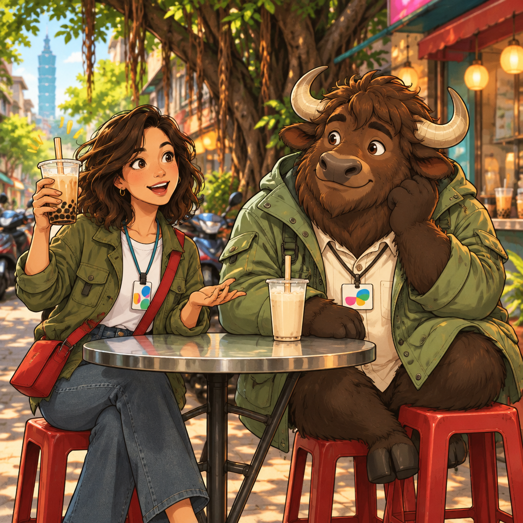 Maya tastes a bubble tea and enthusiastically points to the cup she finds tastiest.