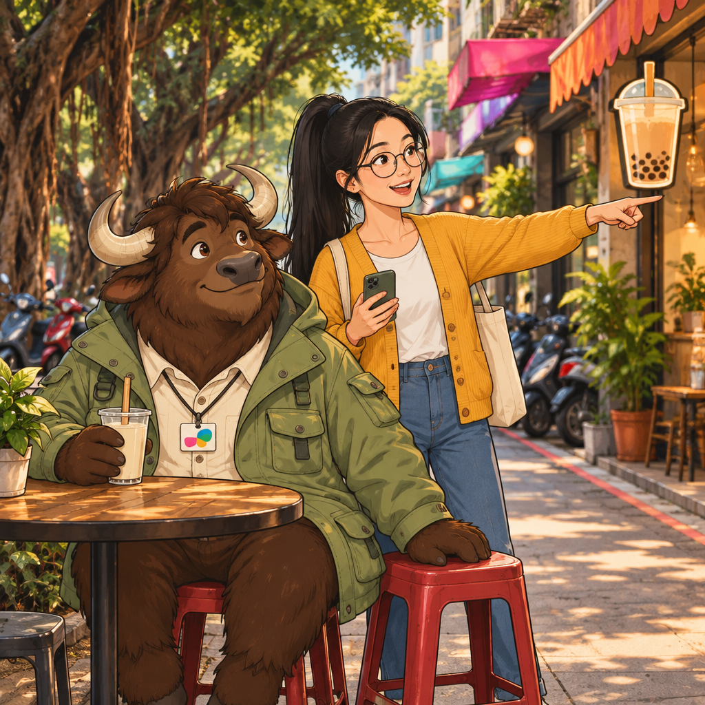 Yi-Jun speaks while pointing out the bubble tea shop closest to the group.