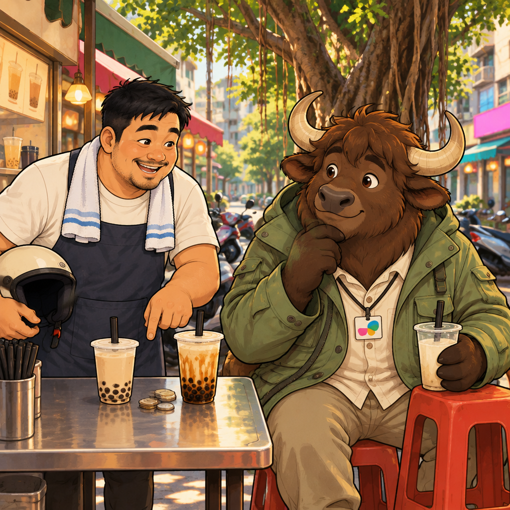 A-Jie compares the prices of two bubble teas and speaks up for the less expensive choice.