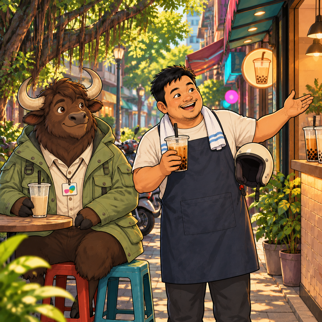 A-Jie speaks while confidently selecting one bubble tea shop as his favorite.