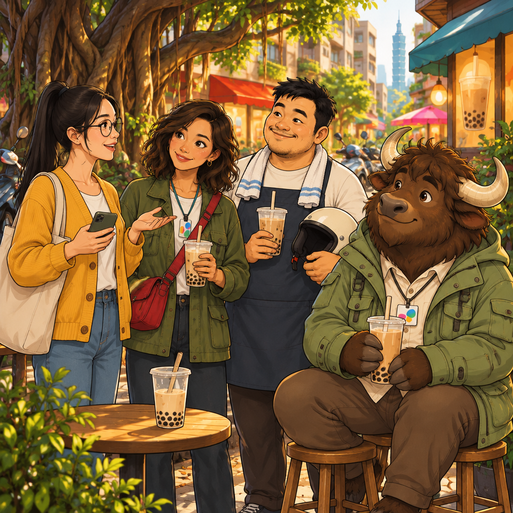 Yi-Jun asks the group which bubble tea shop is nearest, looking between Maya and A-Jie with an inquisitive expression.