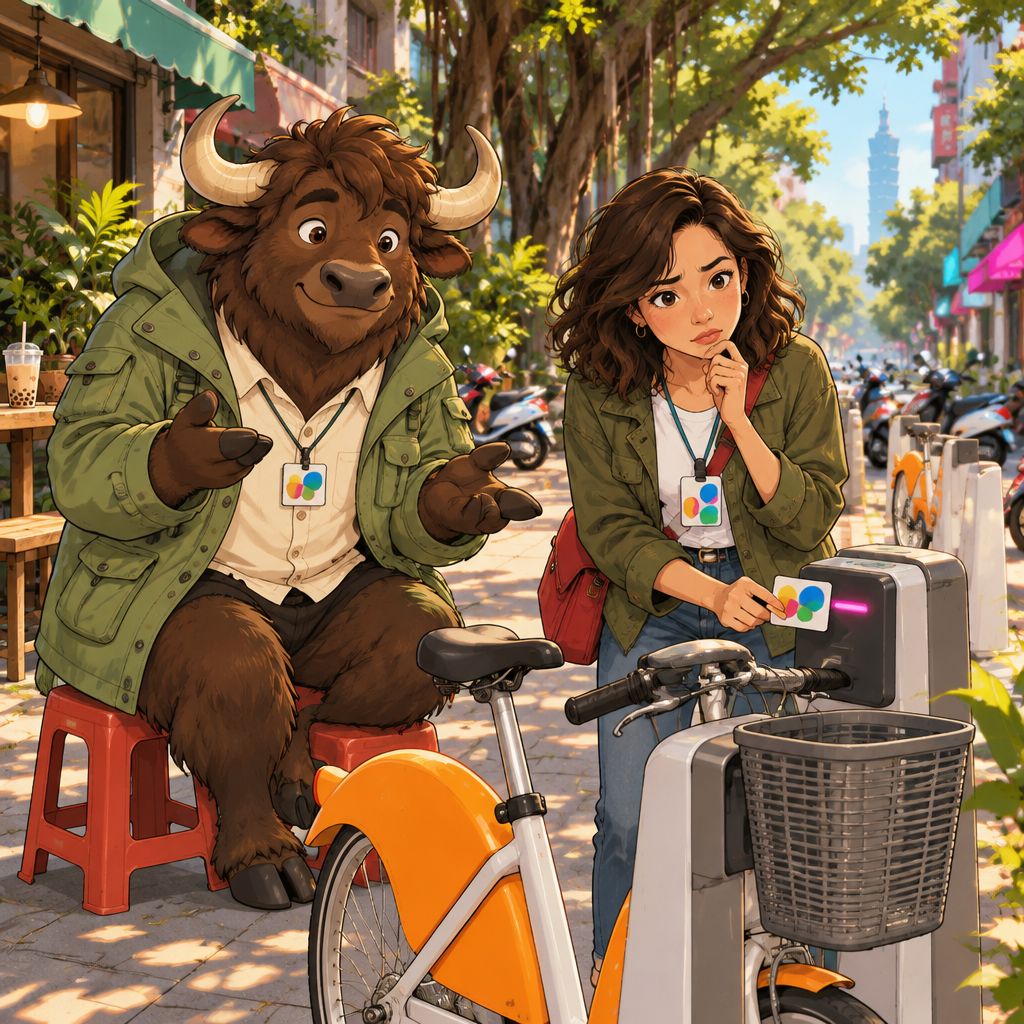 Maya is trying her card at a bike dock while the first bicycle remains locked, and Ali is poised to help.