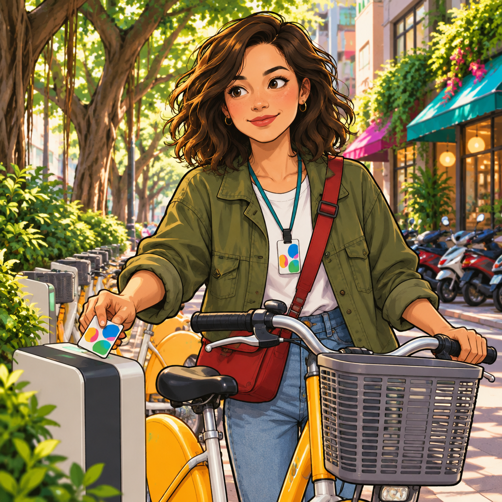 Maya holds her card ready beside a public bike-share bicycle she intends to rent.