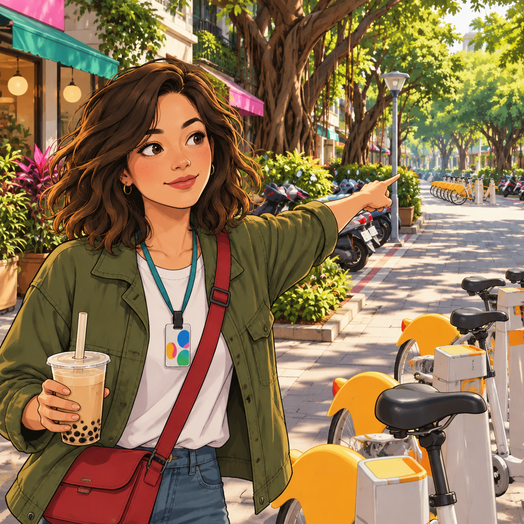 Maya points down the lane toward another bike dock as she asks whether there is a space ahead.