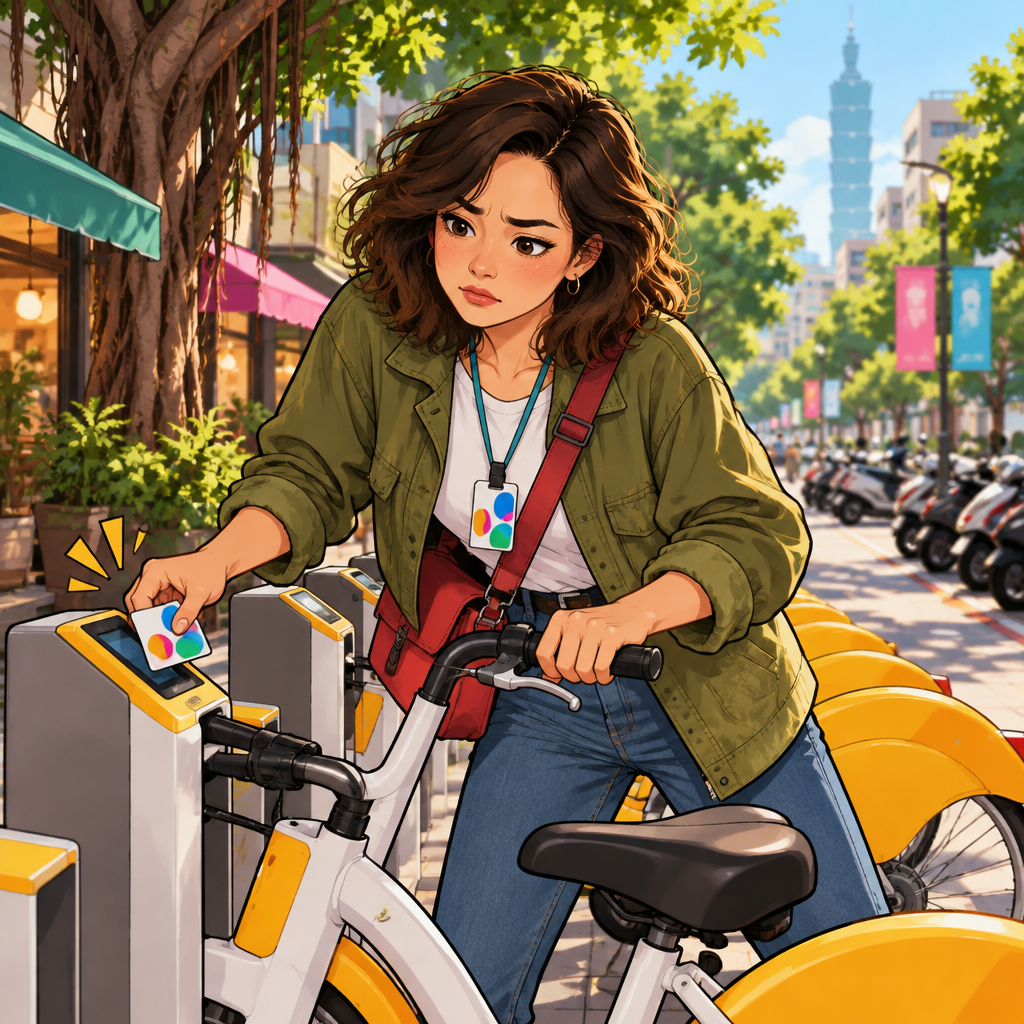 Maya tugs at a docked bicycle that will not unlock and looks frustrated.