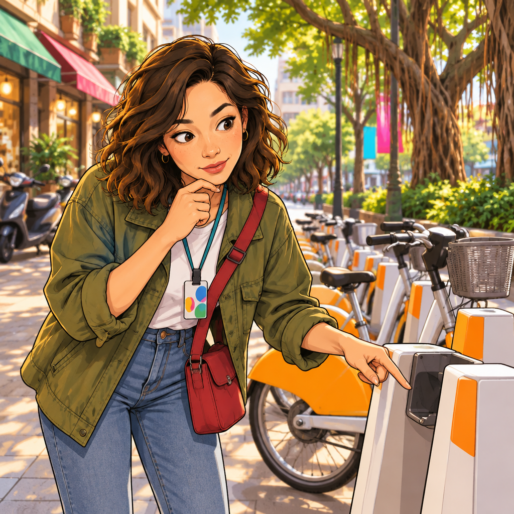 Maya gestures toward the return dock and studies how the bicycle fits into it.