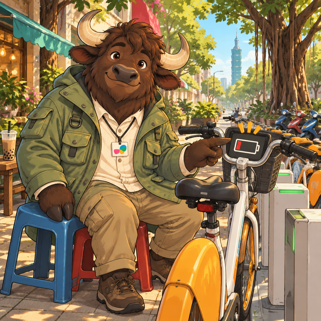 Ali points out that the bicycle's battery is depleted while inspecting it beside the dock.
