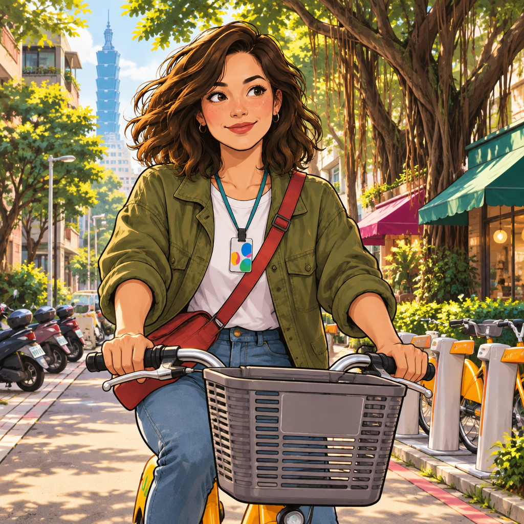 Maya rides a bicycle comfortably along the leafy lane, conveying that cycling is convenient.